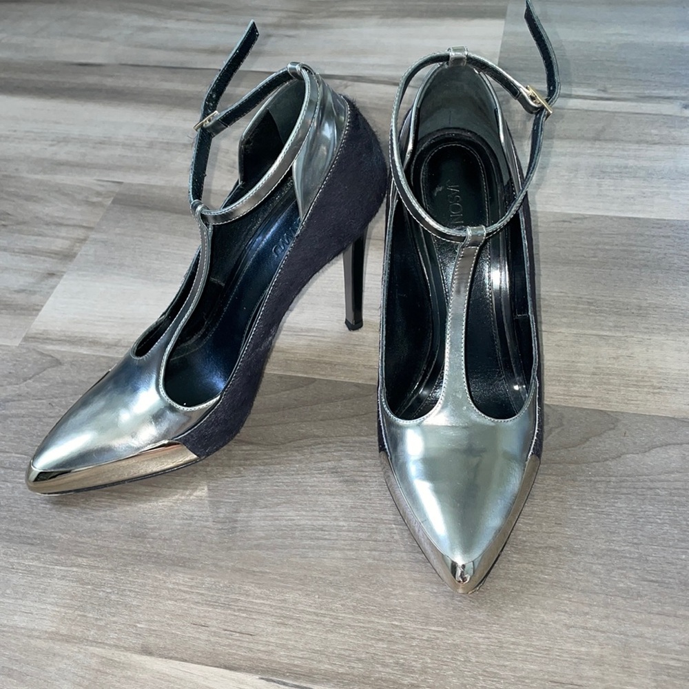 Black/Silver Hair-on-hide Metallic T-strap Stiletto Pumps